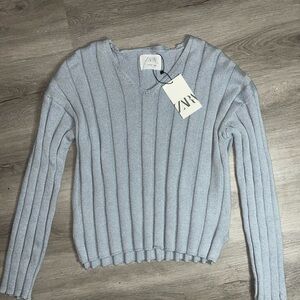 Zara Light Blue V-Neck Ribbed Sweater